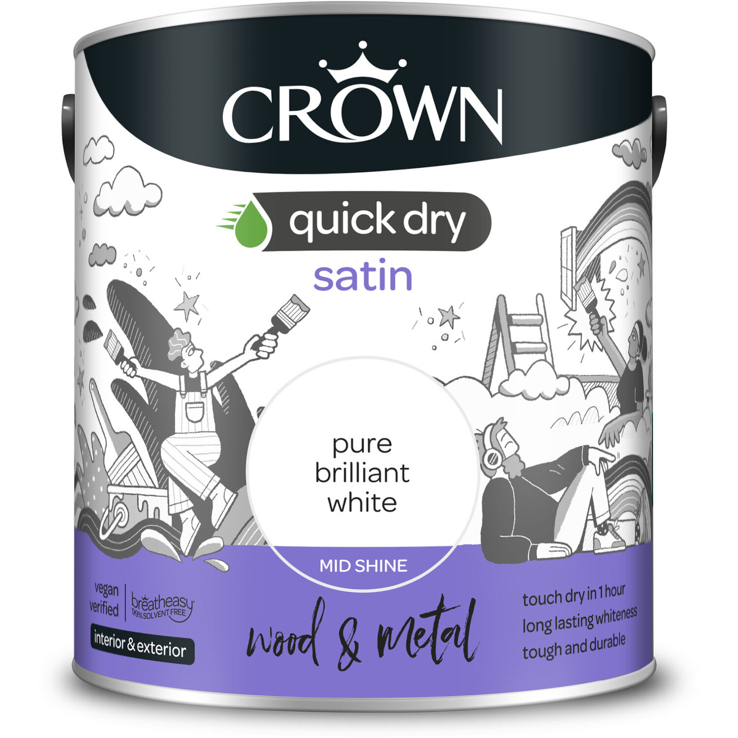 Crown Quick Dry Wood & Metal Pure Brilliant White Satin Paint 2.5L Image 2