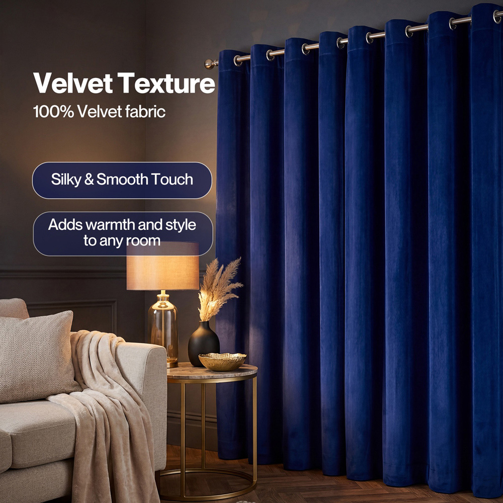 Marlow Velvet Thick Thermal Blackout Eyelet Curtains Blue 168 x 229cm Image 6