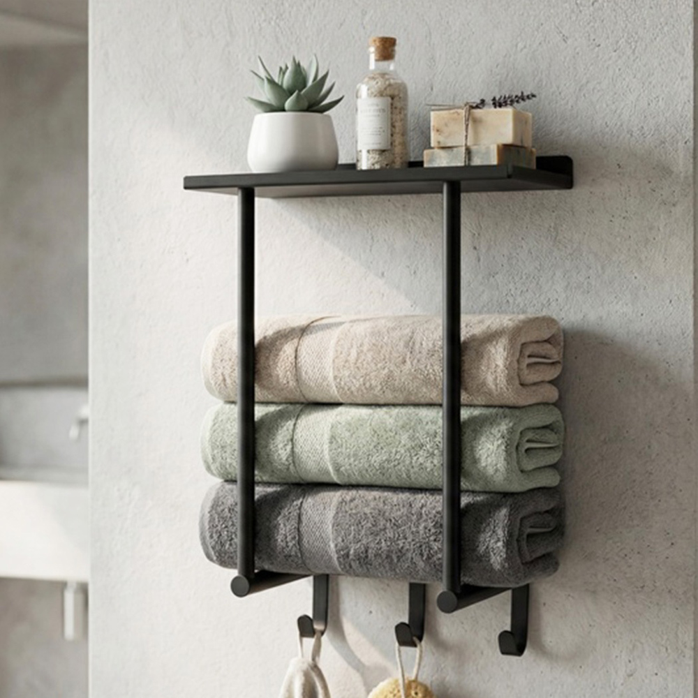 Levede Black Carbon Steel Wall-Mounted Towel Rack with Hooks Image 2