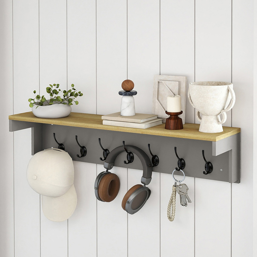 Levede Oak and Grey 7 Double Hook Wall Mounted Coat Rack with Shelf Image 2