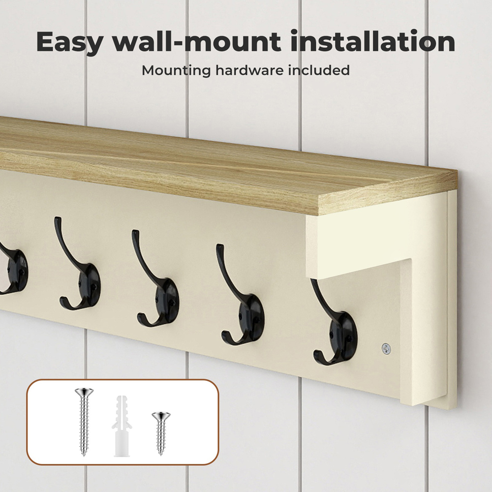 Levede Oak and Beige 7 Double Hook Wall Mounted Coat Rack with Shelf Image 7