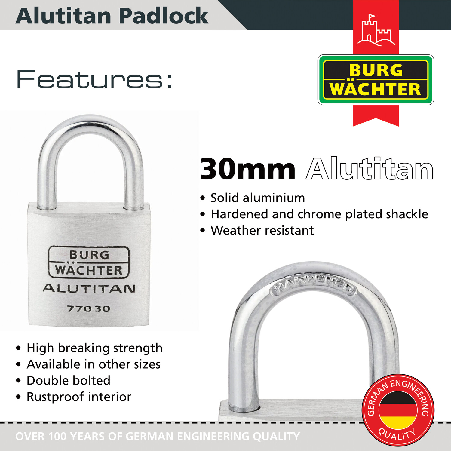 Alutitan Aluminium Padlock Silver 30mm Image 2