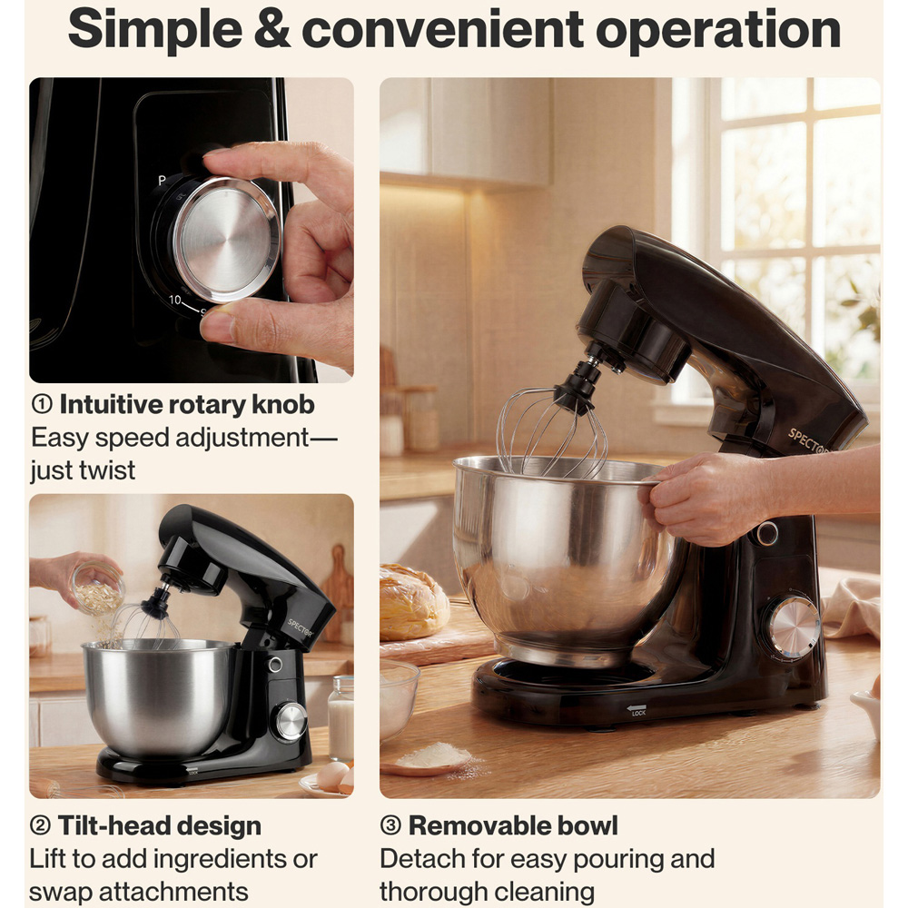 Spector MIX1003-BK-5L-UK 5L and 4.5L Mixing Bowl Electric Stand Mixer 1500W Image 7