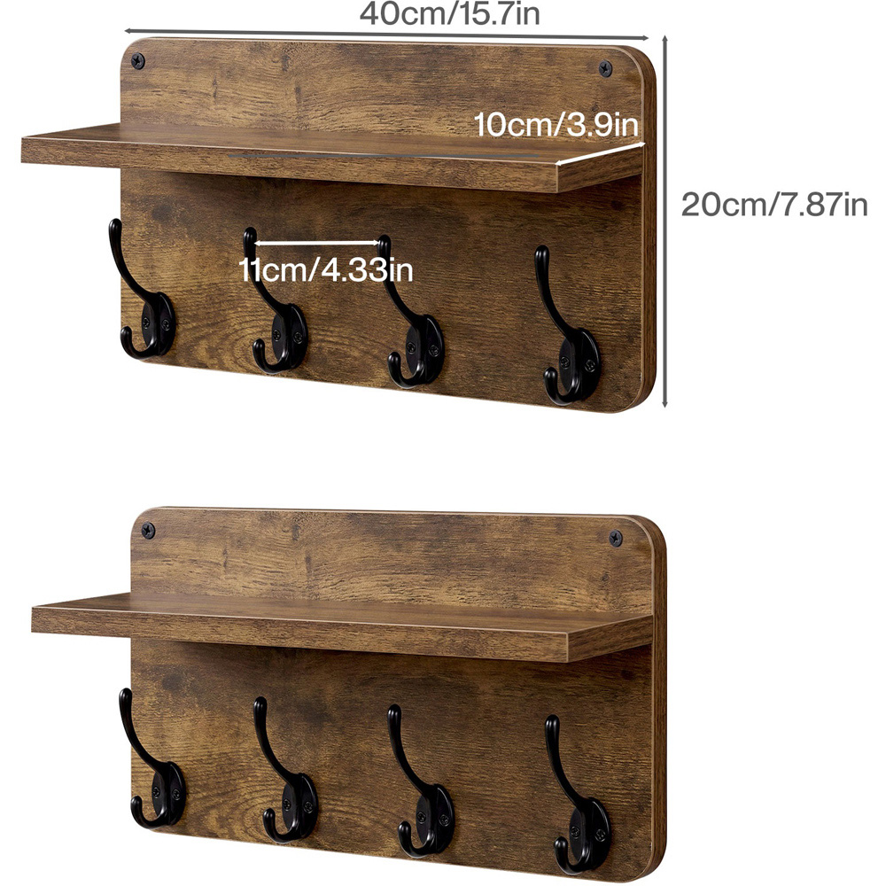 Levede Retro Brown Wall-Mounted Coat Rack with 4 Hooks Set of 2 Image 9