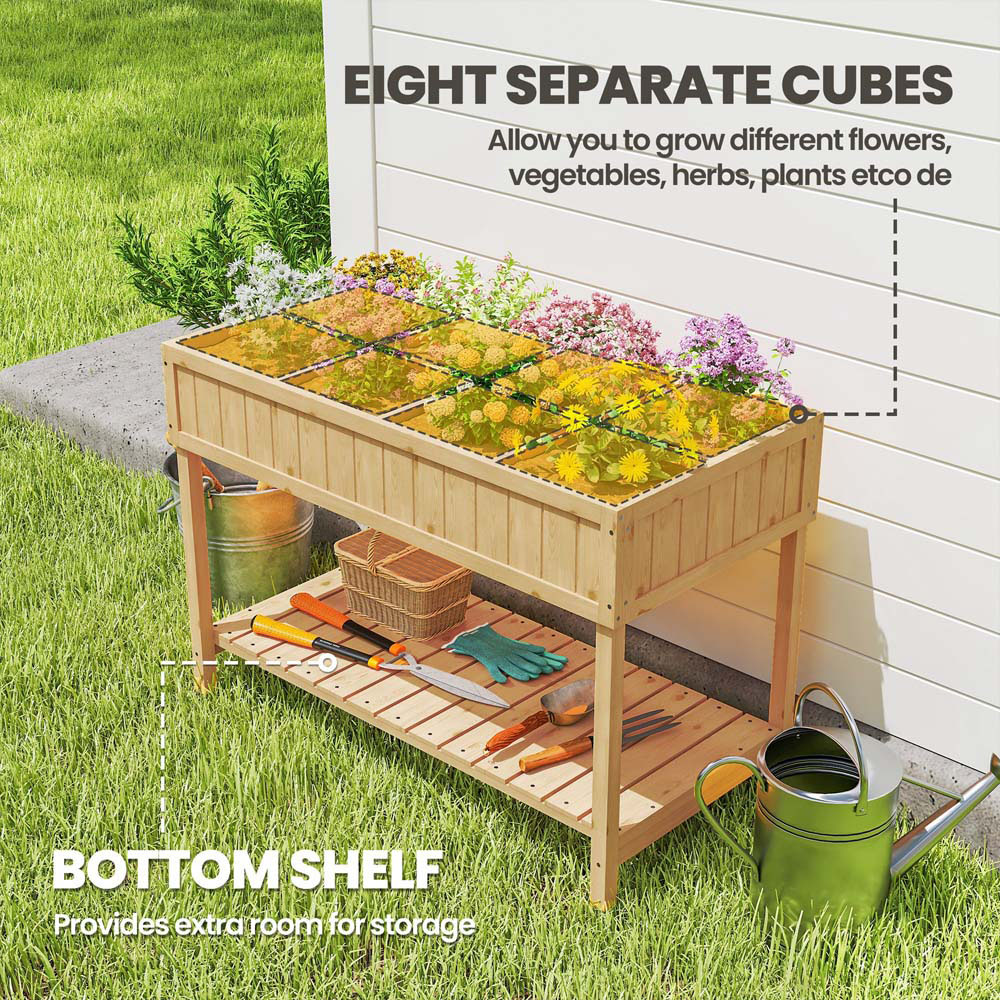 Outsunny Wooden Herb Planter Stand 8 Cubes Bottom Shelf Raised Bed Natural Image 3