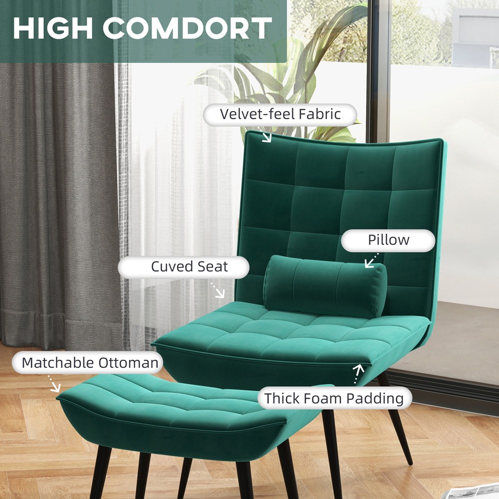 HOMCOM Armless Accent Chair with Footstool Set with Pillow and Steel Legs Green Image 3