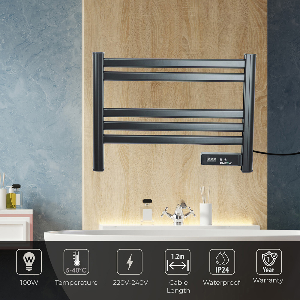 ENER-J Black Infrared Heating Towel Rail with LED Screen and BS Plug 1.2m Image 3