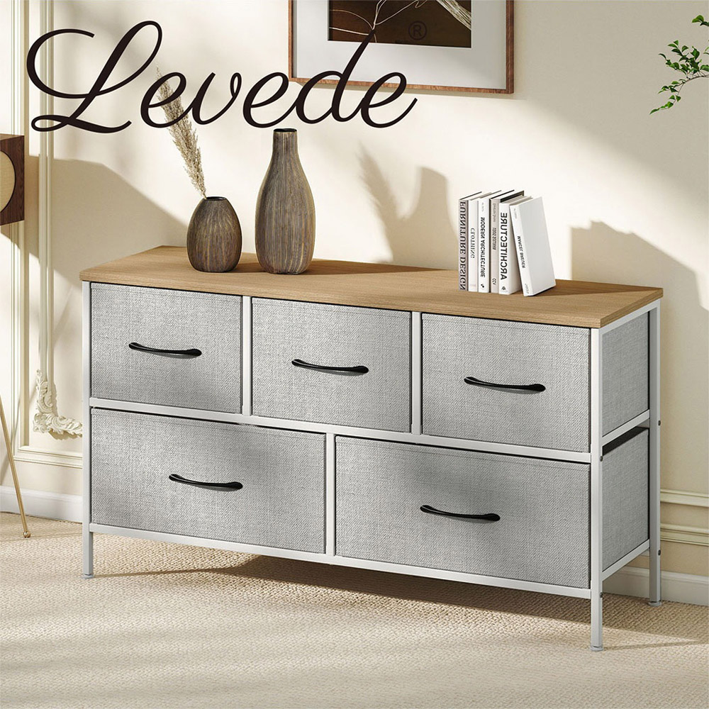 Levede Light Grey and Natural 5 Drawer Fabric Storage Unit Image 7
