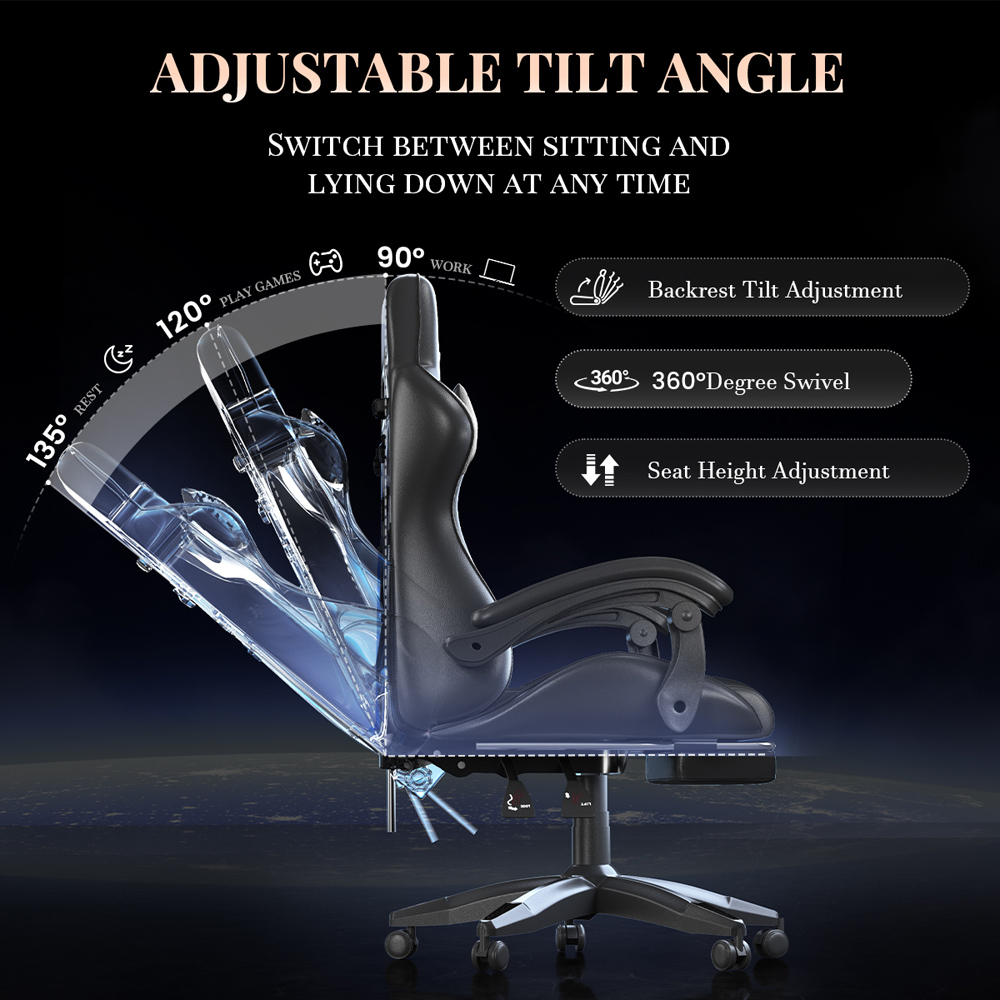 Rattrix Black PU Leather Reclining Gaming Chair with Massage Lumbar Support and Footrest Image 5