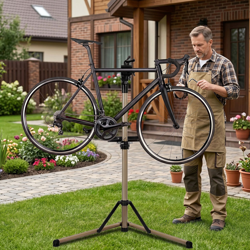 Monvelo Champagne Height Adjustable Rotating Bike Repair Stand with Tray and Handlebar Stabiliser Image 2