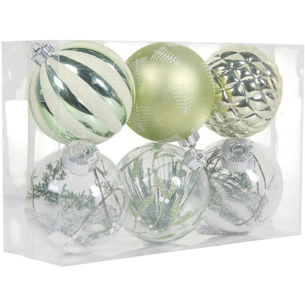 Set of 6 Mistletoe Cottage Baubles Green and Clear Image 1