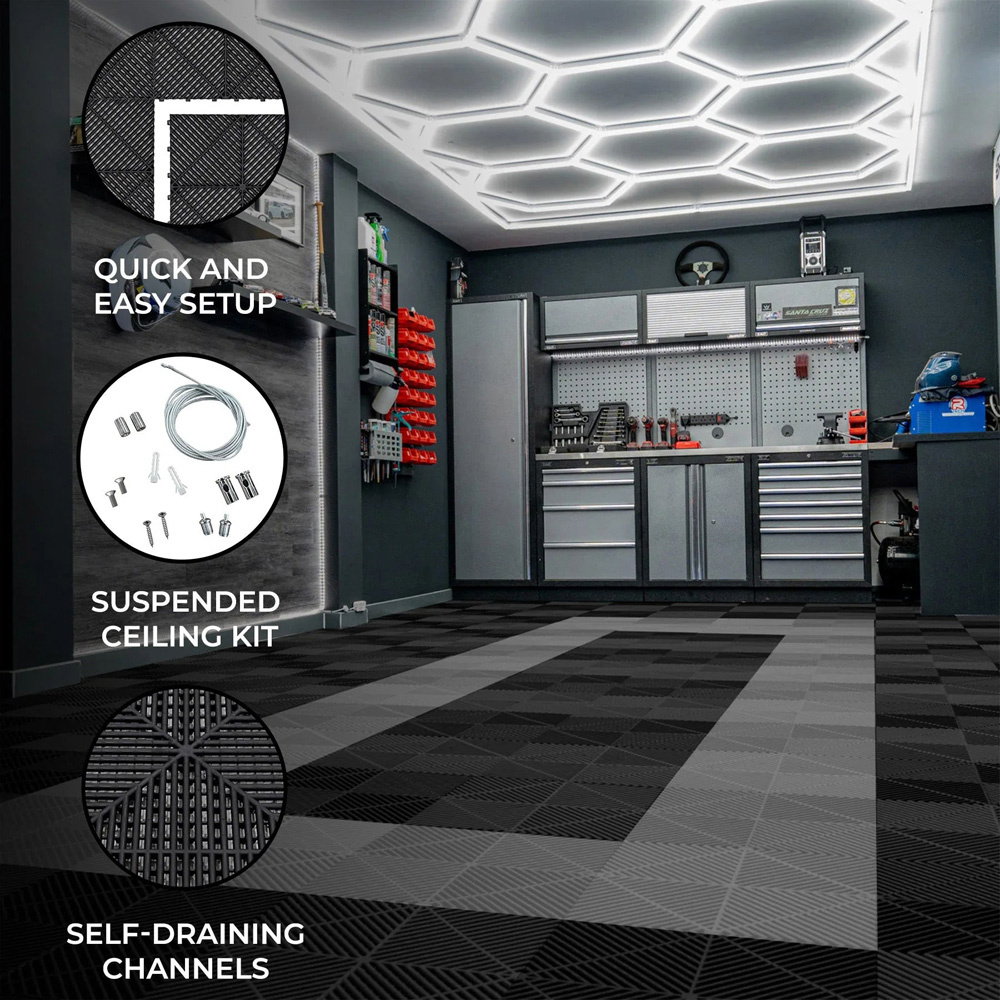 MonsterShop 165 Black and 60 Grey Vented Garage Floor Tiles with 28 Hexagon LED Ceiling Light Bundle Image 4