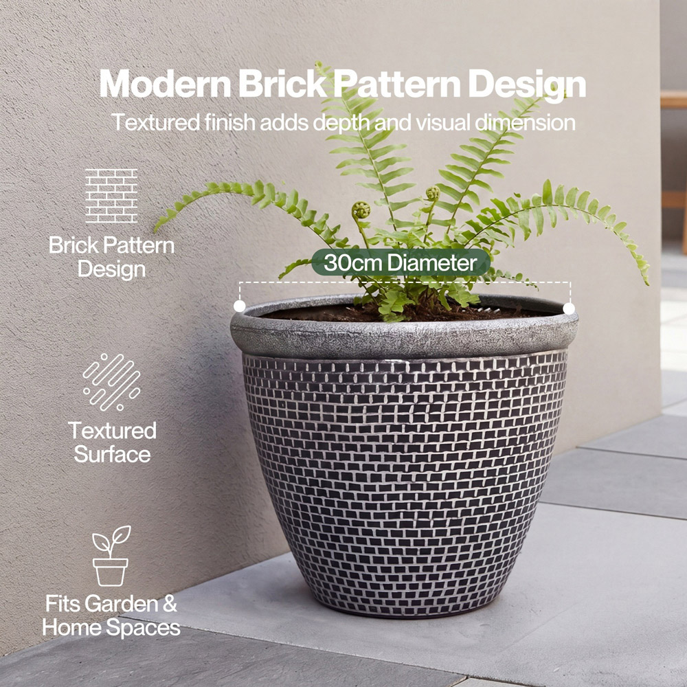 TOQUE Black Antique Silver Effect Plastic Garden Plant Pot with Drainage Holes 30cm 2 Pack Image 5