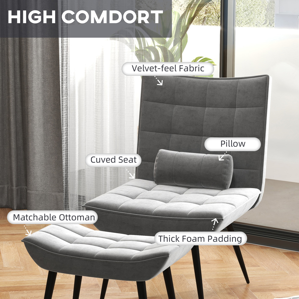 HOMCOM Armless Accent Chair with Footstool Set with Pillow and Steel Legs Grey Image 3