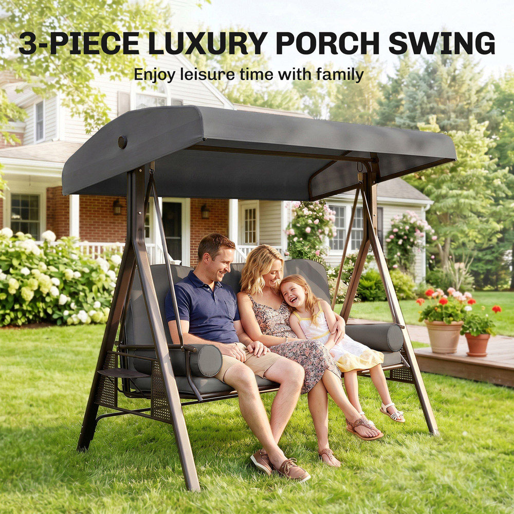 Outsunny 3 Seat Garden Swing Chair Patio Steel Swing Bench w/ Cup Trays Grey Image 6
