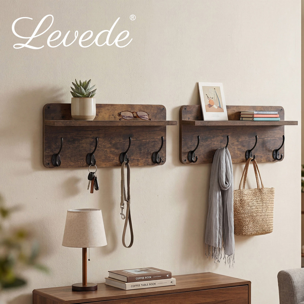 Levede Retro Brown Wall-Mounted Coat Rack with 4 Hooks Set of 2 Image 8