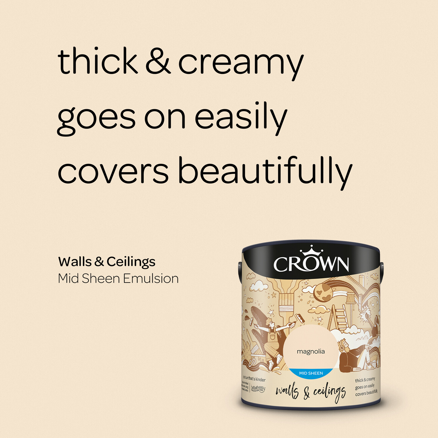 Crown Walls & Ceilings Magnolia Mid Sheen Emulsion Paint 2.5L Image 8