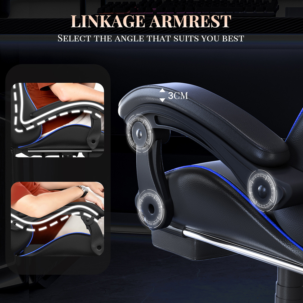 Rattrix Blue PU Leather Reclining Gaming Chair with Massage Lumbar Support and Footrest Image 6