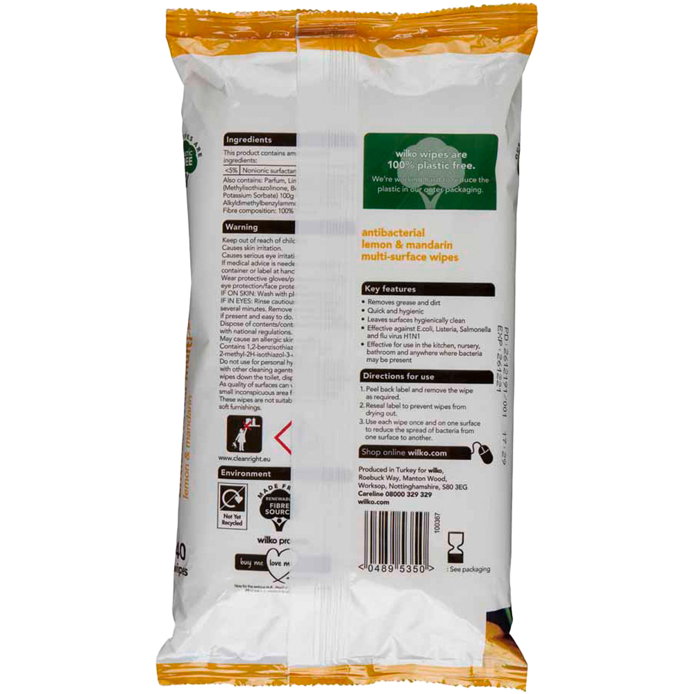 Wilko Plastic Free Antibacterial Lemon And Mandarin Surface Wipes 40 Pack Image 2