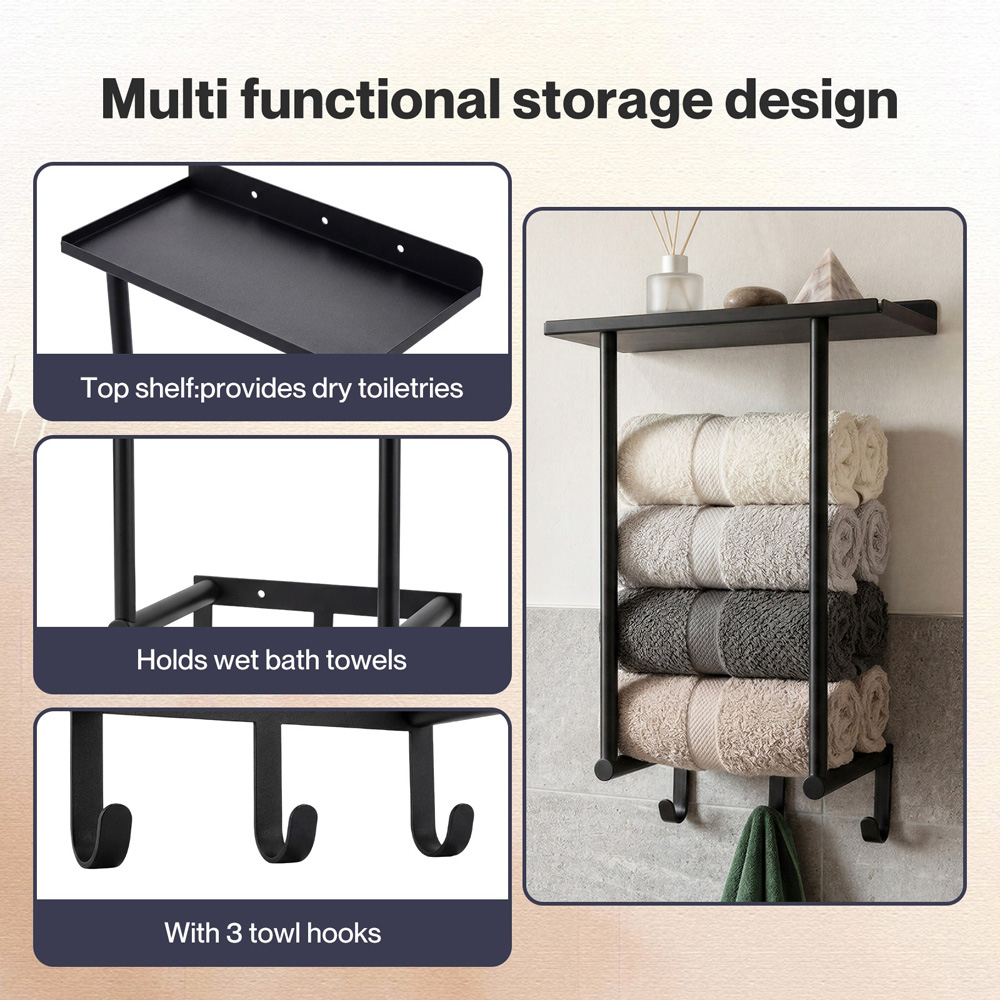 Levede Black Carbon Steel Wall-Mounted Towel Rack with Hooks Image 4