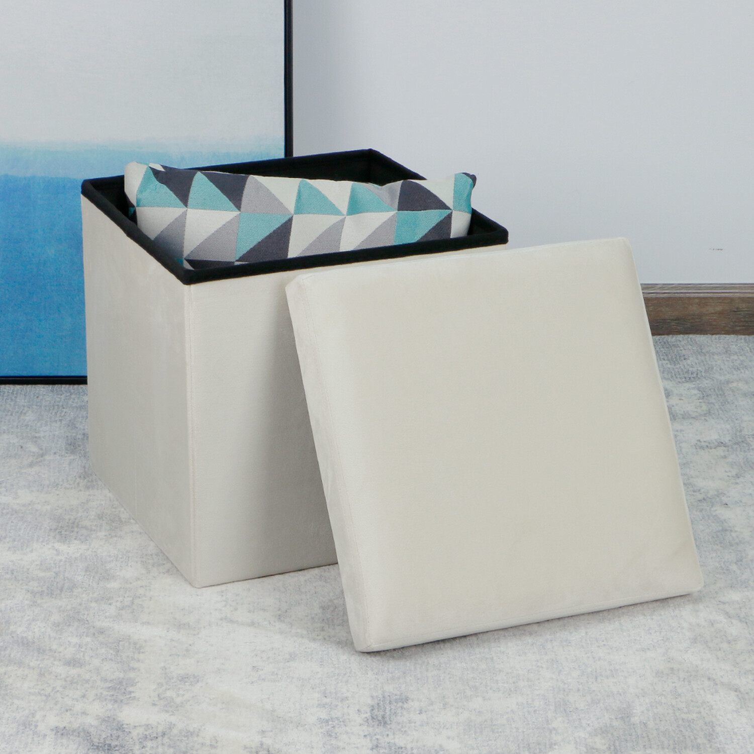 Cream Seville Crushed Velvet Cube Ottoman Storage Box Image 4