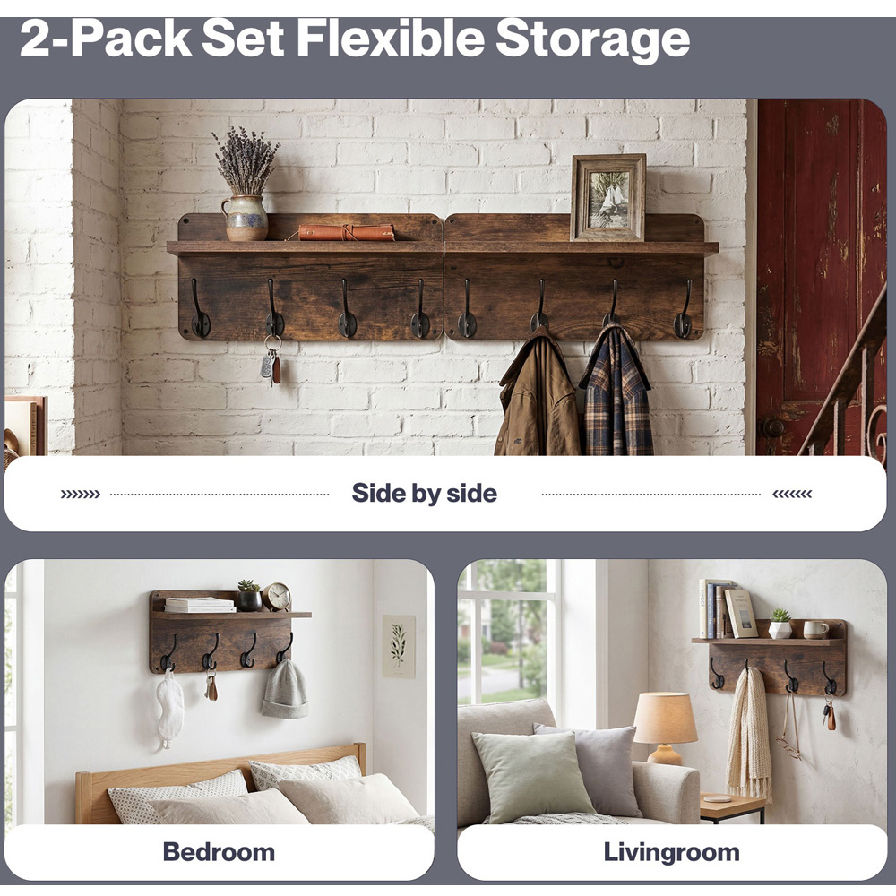 Levede Retro Brown Wall-Mounted Coat Rack with 4 Hooks Set of 2 Image 5