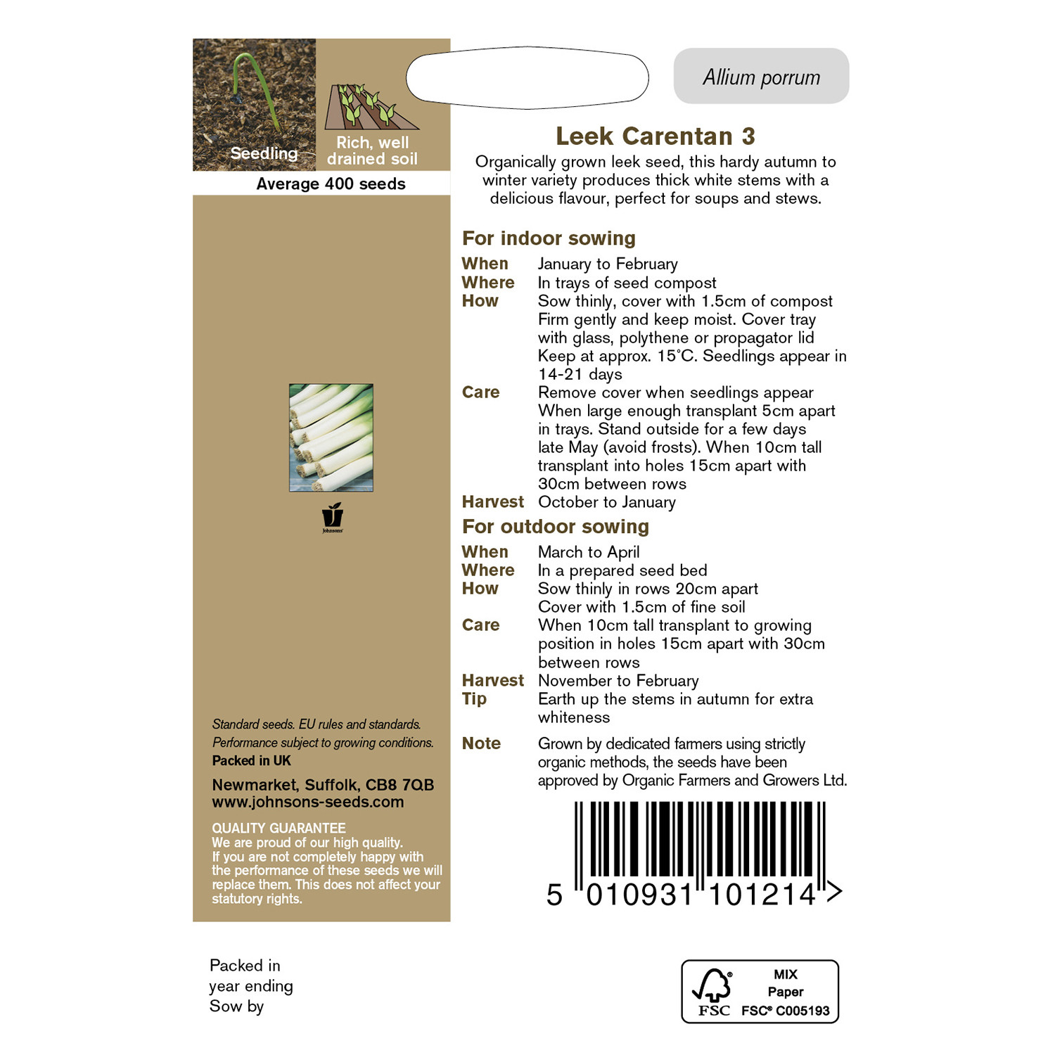 Johnsons Pack of Leek Carentan 3 Seeds Image 2