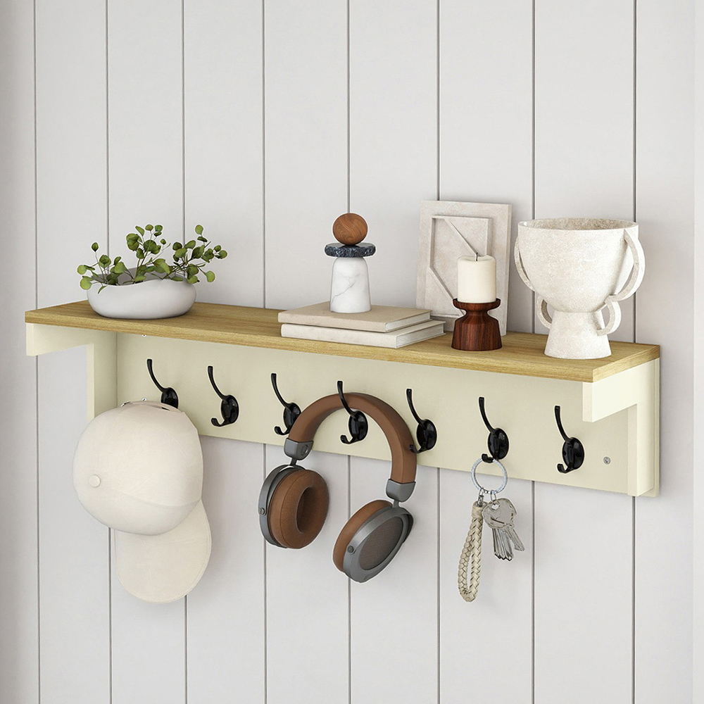 Levede Oak and Beige 7 Double Hook Wall Mounted Coat Rack with Shelf Image 2