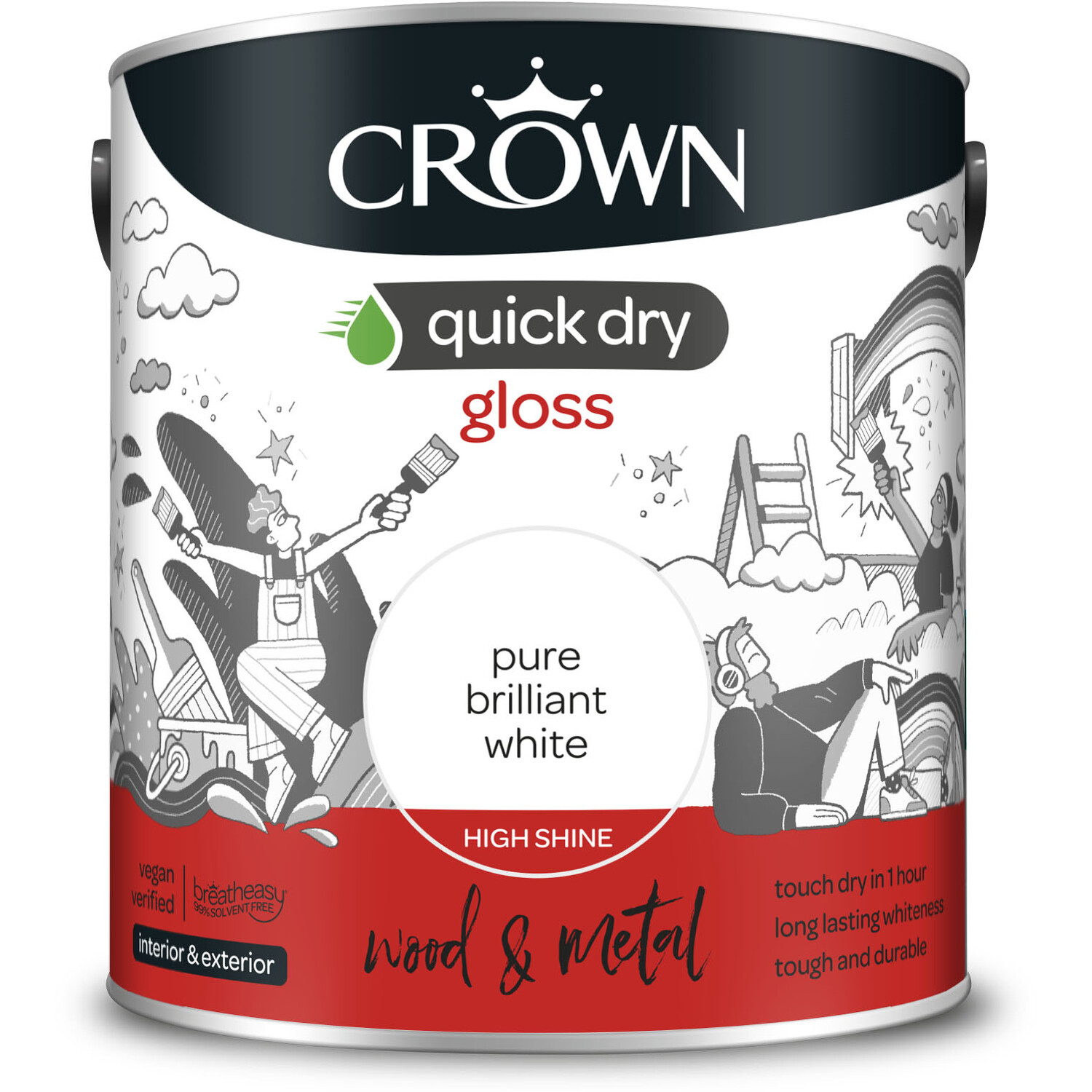 Crown Quick Dry Wood & Metal Pure Brilliant White Gloss Paint 2.5L Image 2