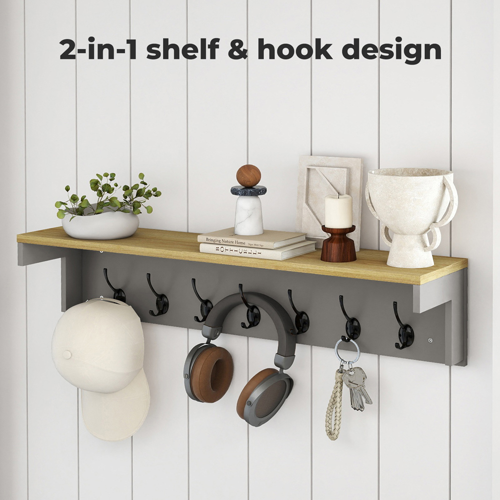 Levede Oak and Grey 7 Double Hook Wall Mounted Coat Rack with Shelf Image 4
