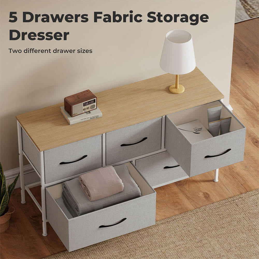 Levede Light Grey and Natural 5 Drawer Fabric Storage Unit Image 8