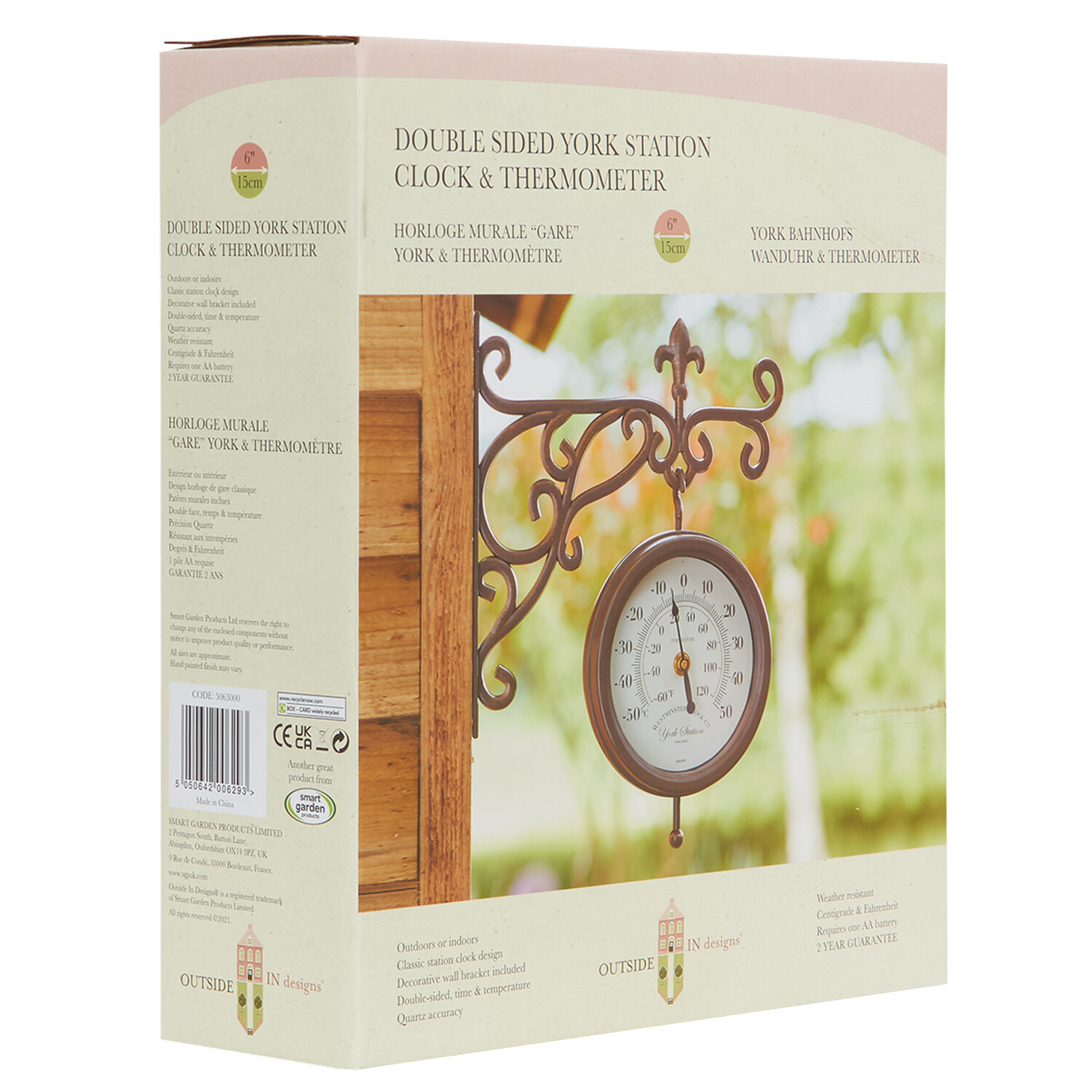 Outside In Vintage Double Sided Station Clock and Thermometer - Brown Image 2