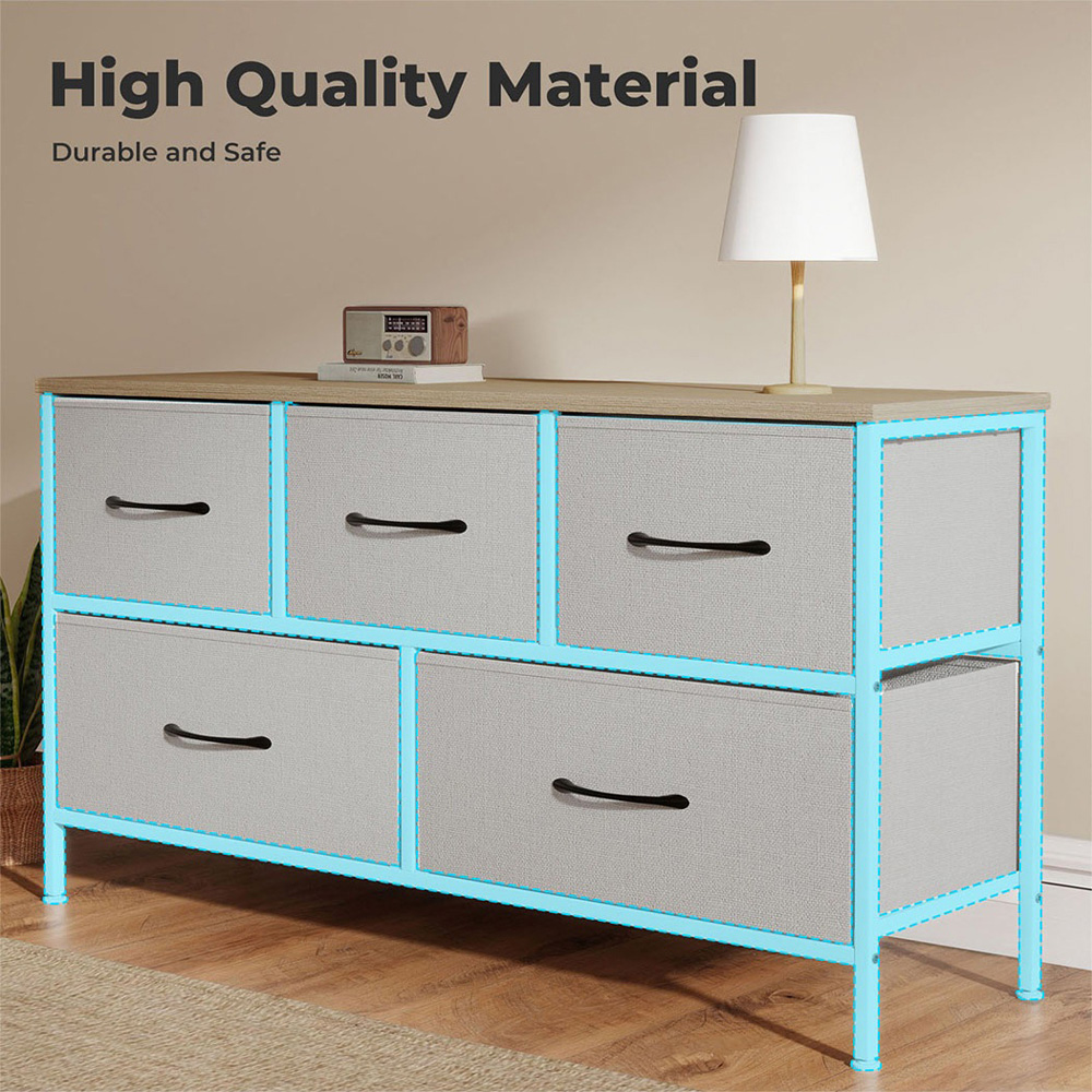 Levede Light Grey and Natural 5 Drawer Fabric Storage Unit Image 4