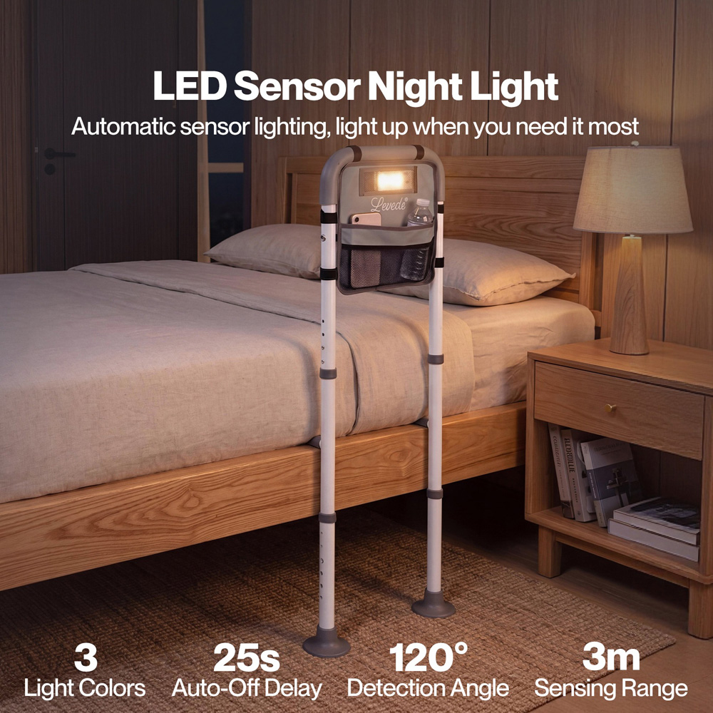 Levede Adjustable Bed Rail with LED Sensor Light and Storage Pocket Image 4