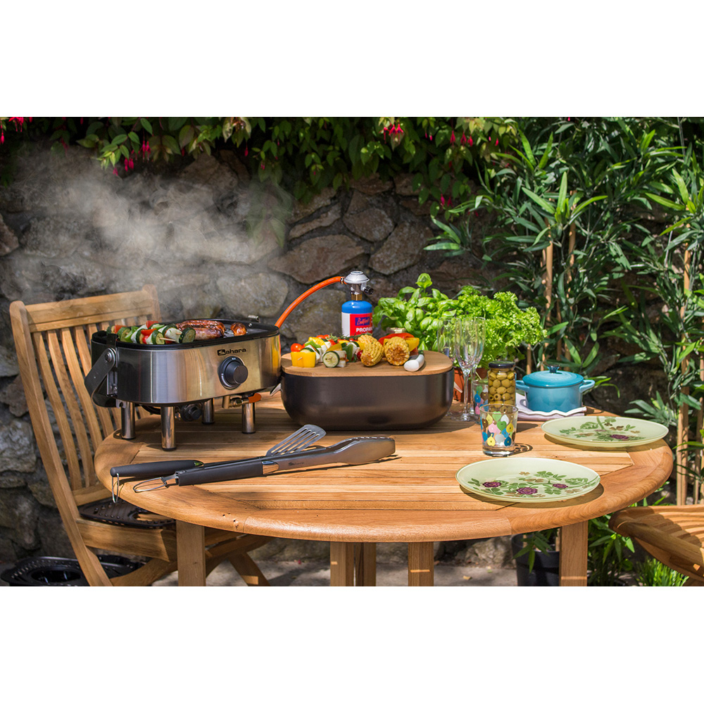 Sahara Stainless Steel Single Burner Mini Gas BBQ with Wooden Lid Image 2
