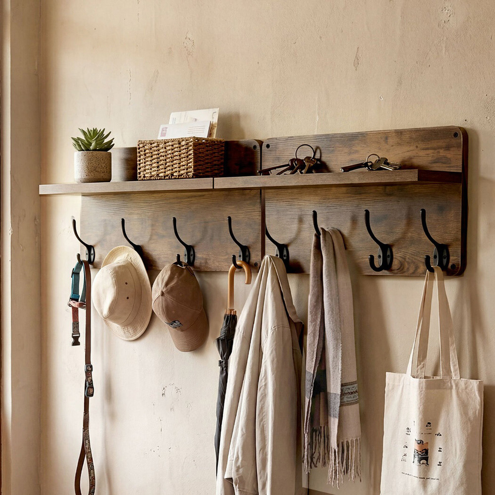 Levede Retro Brown Wall-Mounted Coat Rack with 4 Hooks Set of 2 Image 3
