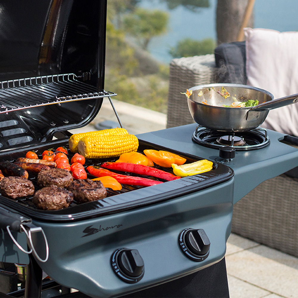 Sahara Black and Teal Rapid Assembly Plus 2 Burner Gas BBQ with Side Burner Image 4