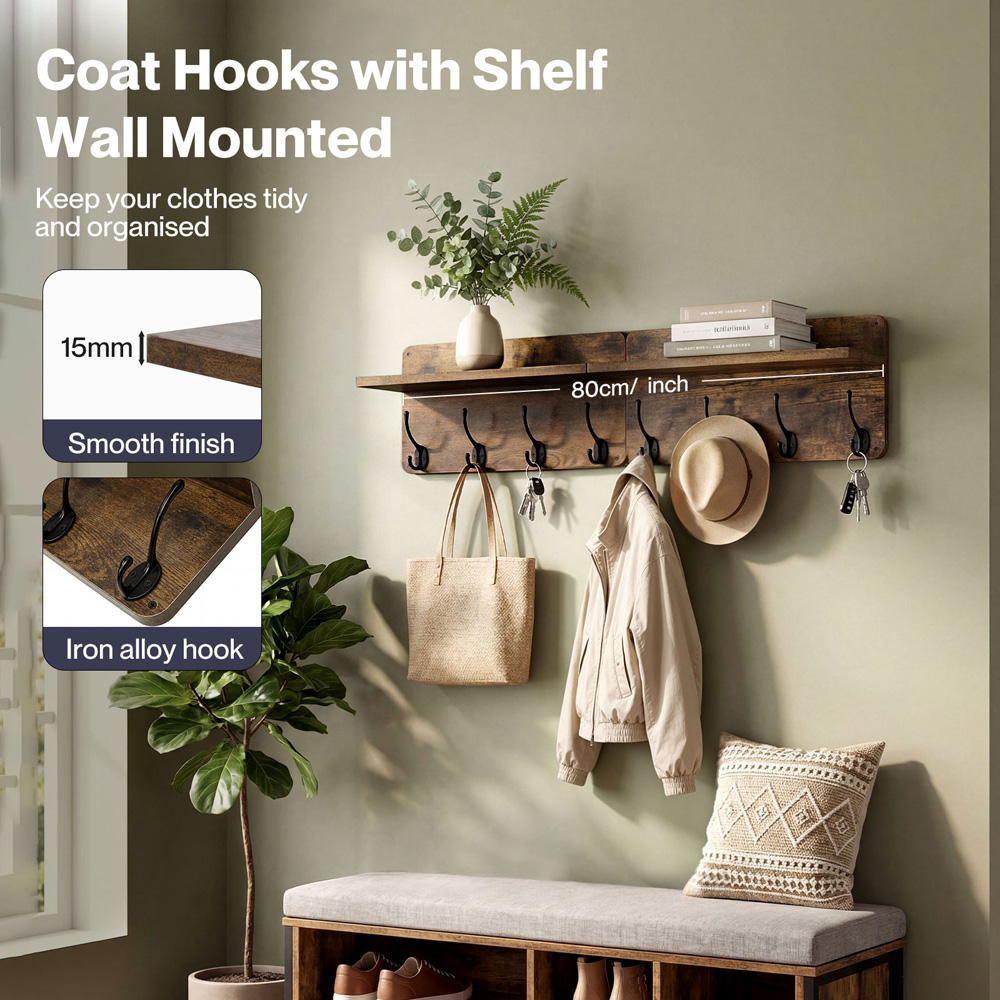 Levede Retro Brown Wall-Mounted Coat Rack with 4 Hooks Set of 2 Image 6