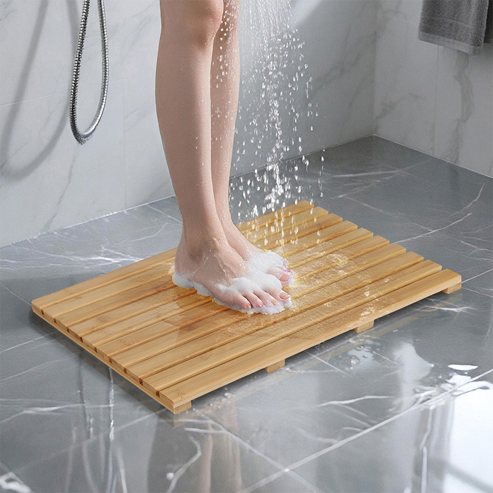 Levede Natural Bamboo Slatted Anti-Slip Rectangular Shower Bath Mat Image 2