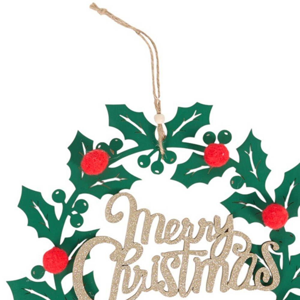 Wooden Merry Christmas Wreath Green and Red Image 4