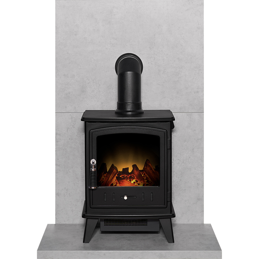 Acantha Concrete Effect Tile and Hearth Set with Aviemore Stove and Angled Pipe Image 3