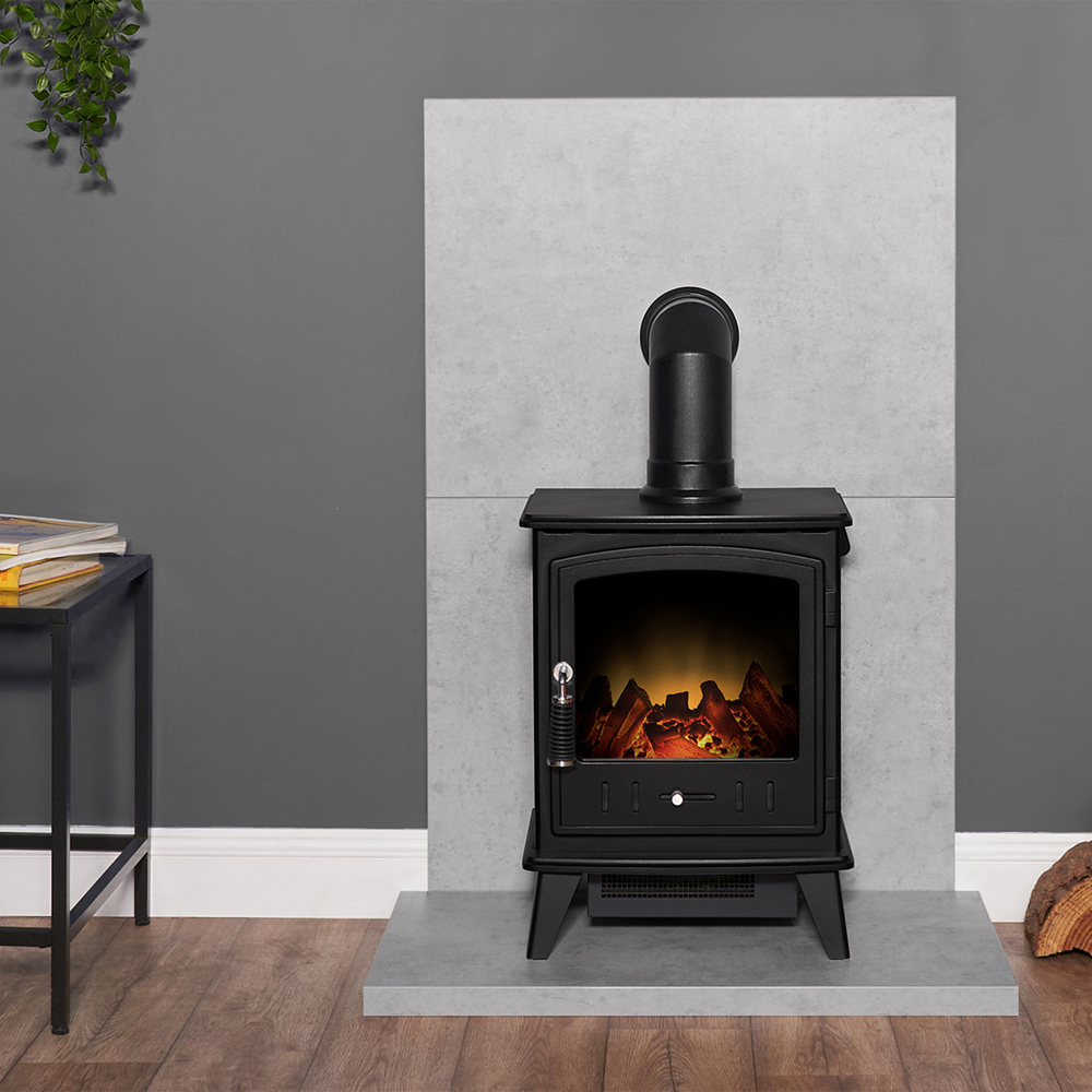 Acantha Concrete Effect Tile and Hearth Set with Aviemore Stove and Angled Pipe Image 2