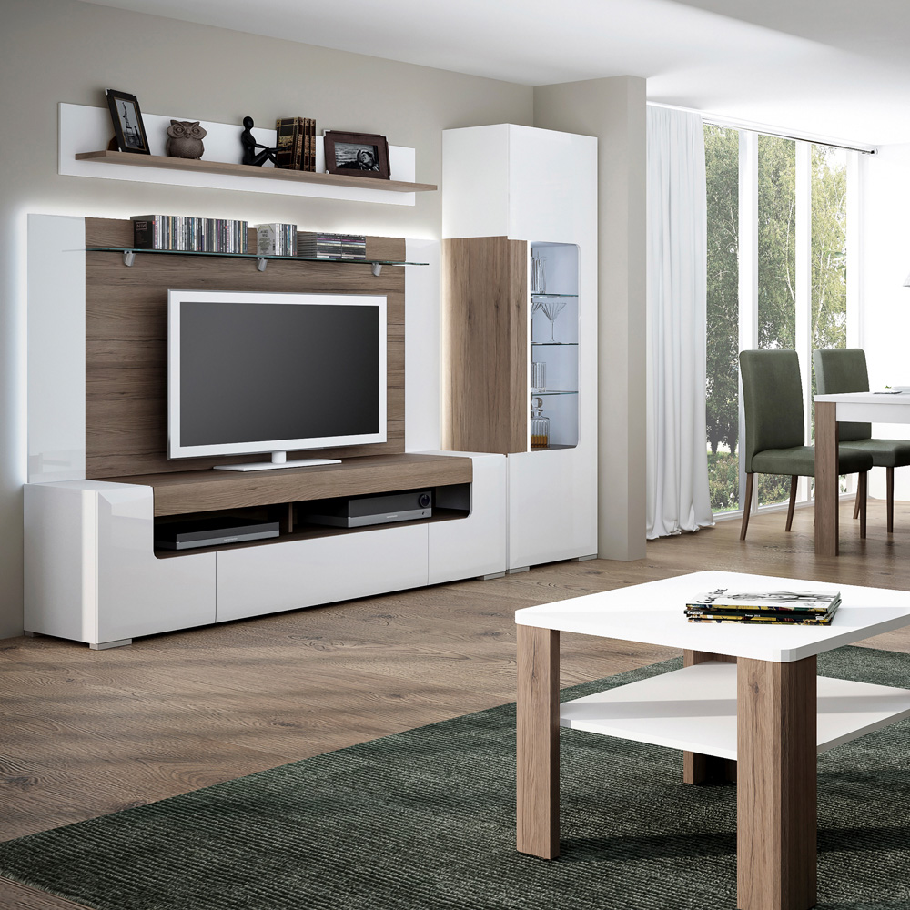 Furniture To Go Toronto White Gloss and San Remo Oak 2 Door Single Drawer 2 Shelf Wide TV Cabinet Image 4