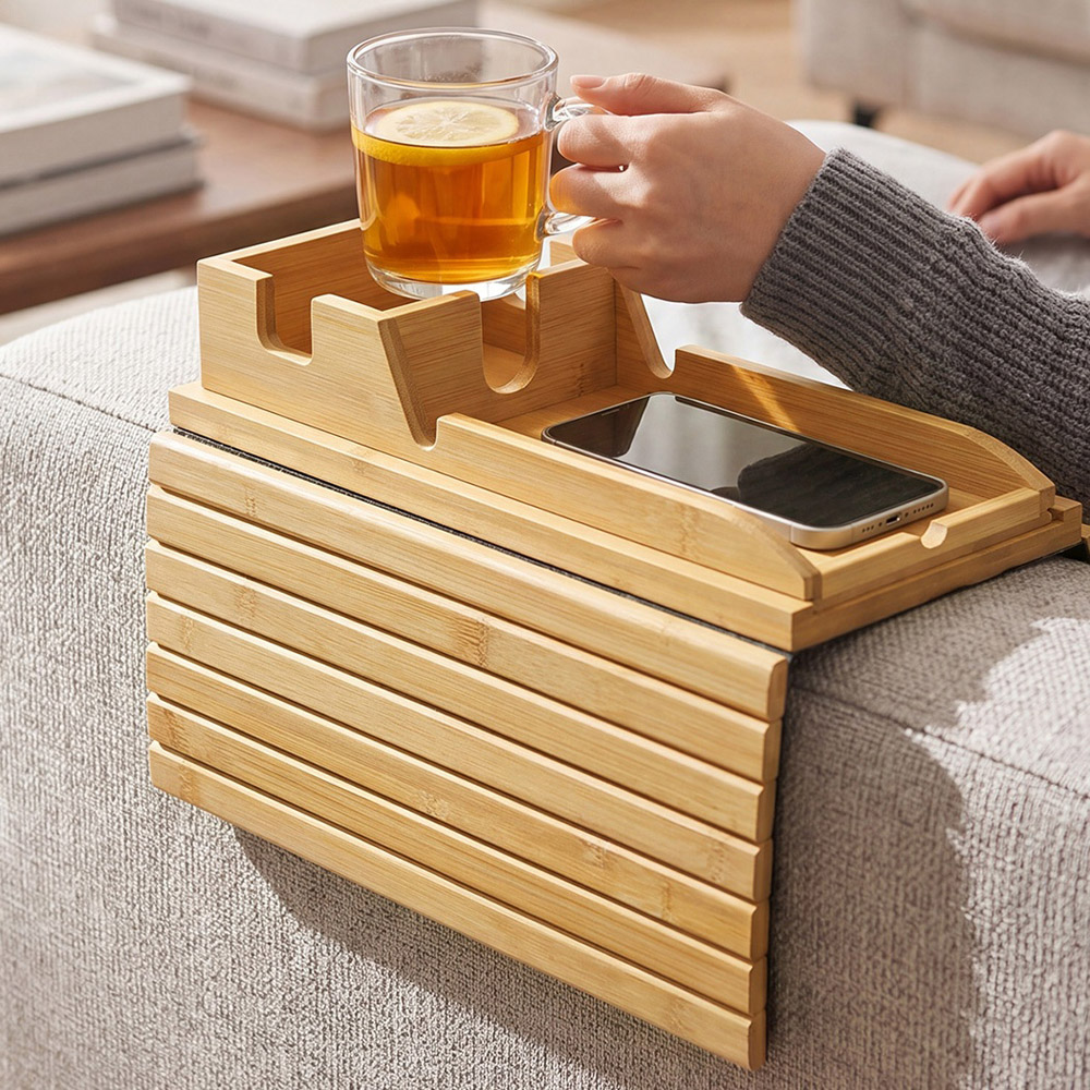 Levede Bamboo Sofa Arm Tray Table with Mug Holder Image 3