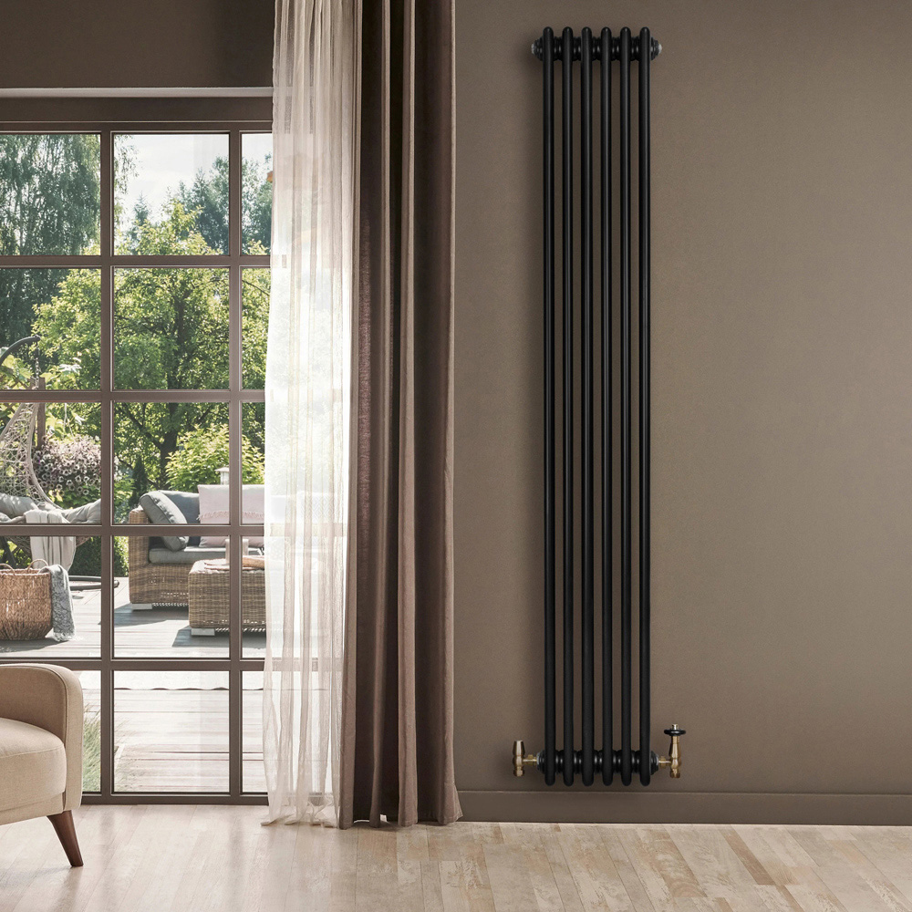 MonsterShop Black 4 Column Radiator and Satin Brass Valve Set 5897 BTU 1800 x 290mm Image 2