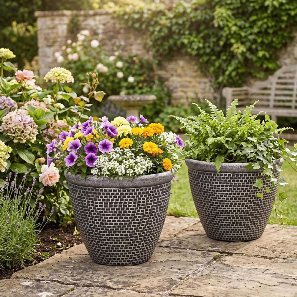 TOQUE Black Antique Silver Effect Plastic Garden Plant Pot with Drainage Holes 36cm 2 Pack Image 2