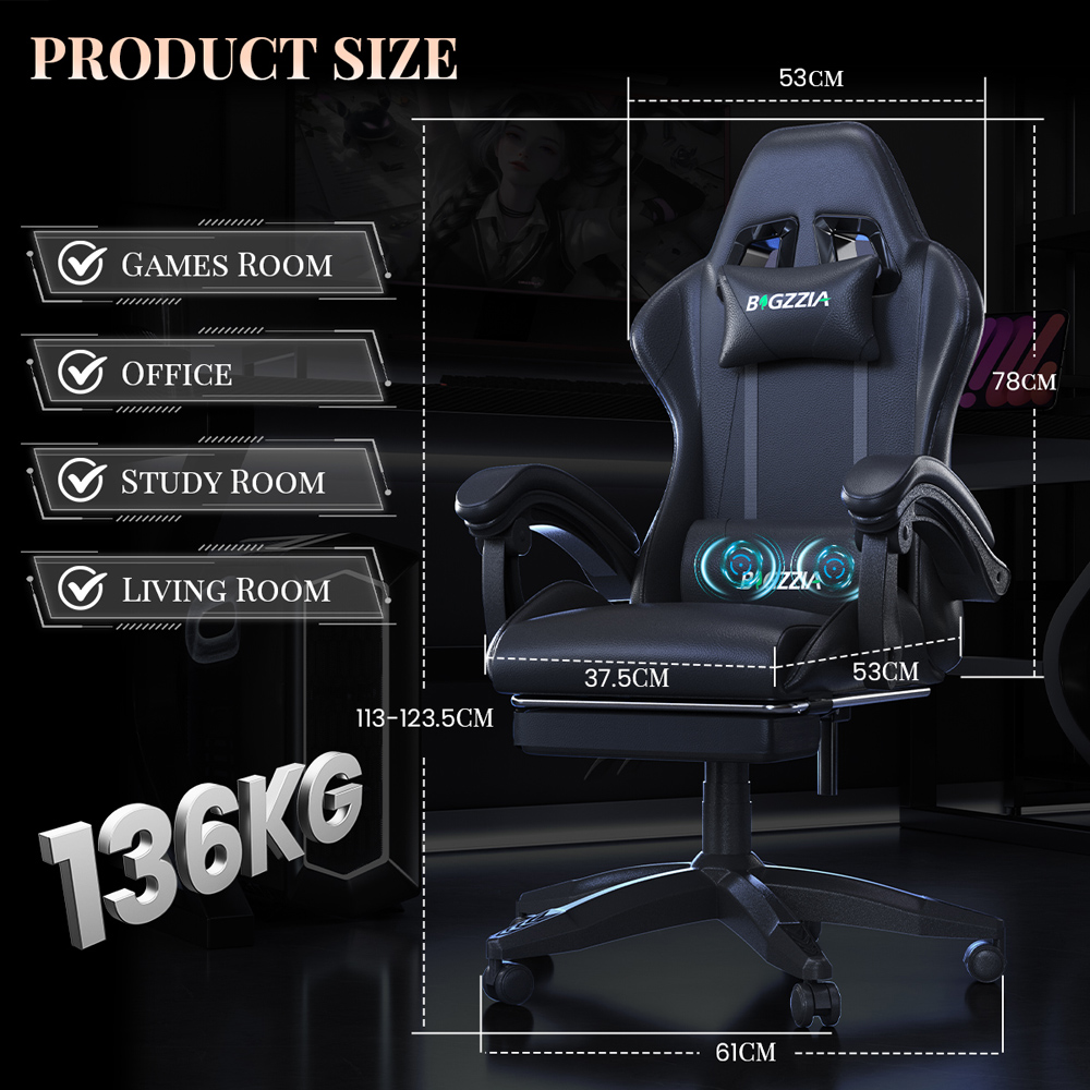 Rattrix Black PU Leather Reclining Gaming Chair with Massage Lumbar Support and Footrest Image 9