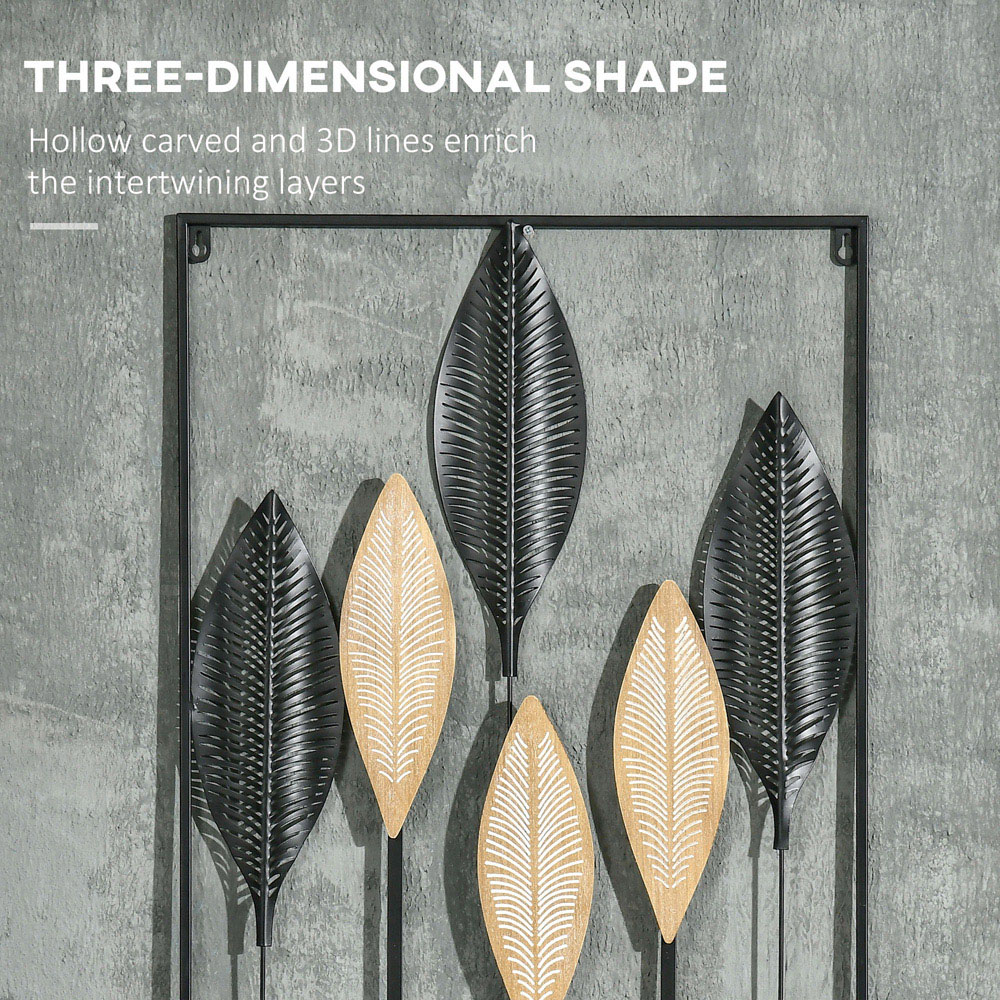 HOMCOM 3D Metal Wall Art Leaves for Home Decor, Hanging Wall Sculpture, Black Image 3
