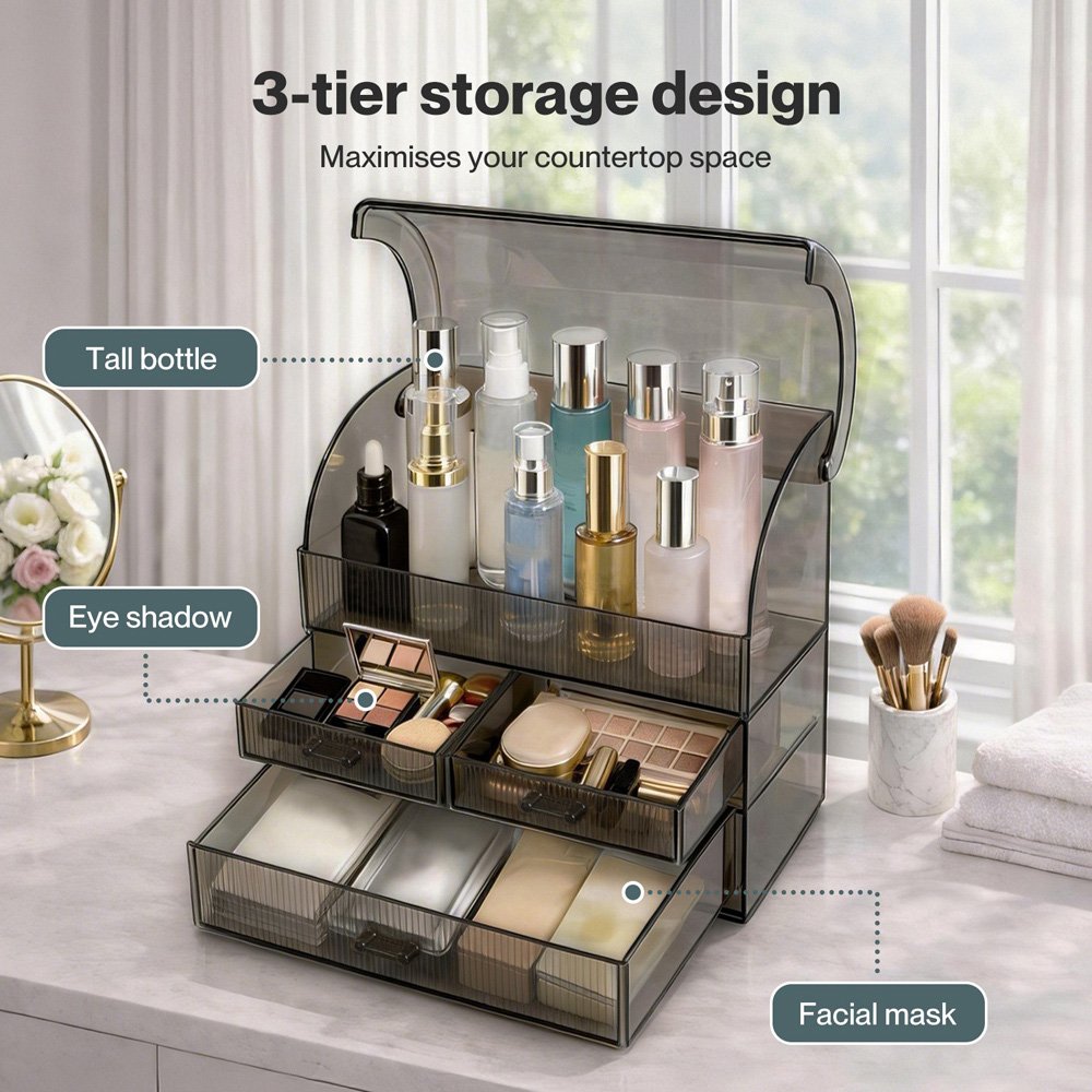 ilus Black Transparent Single Door 3 Drawer Acrylic Makeup Storage Organiser Image 4