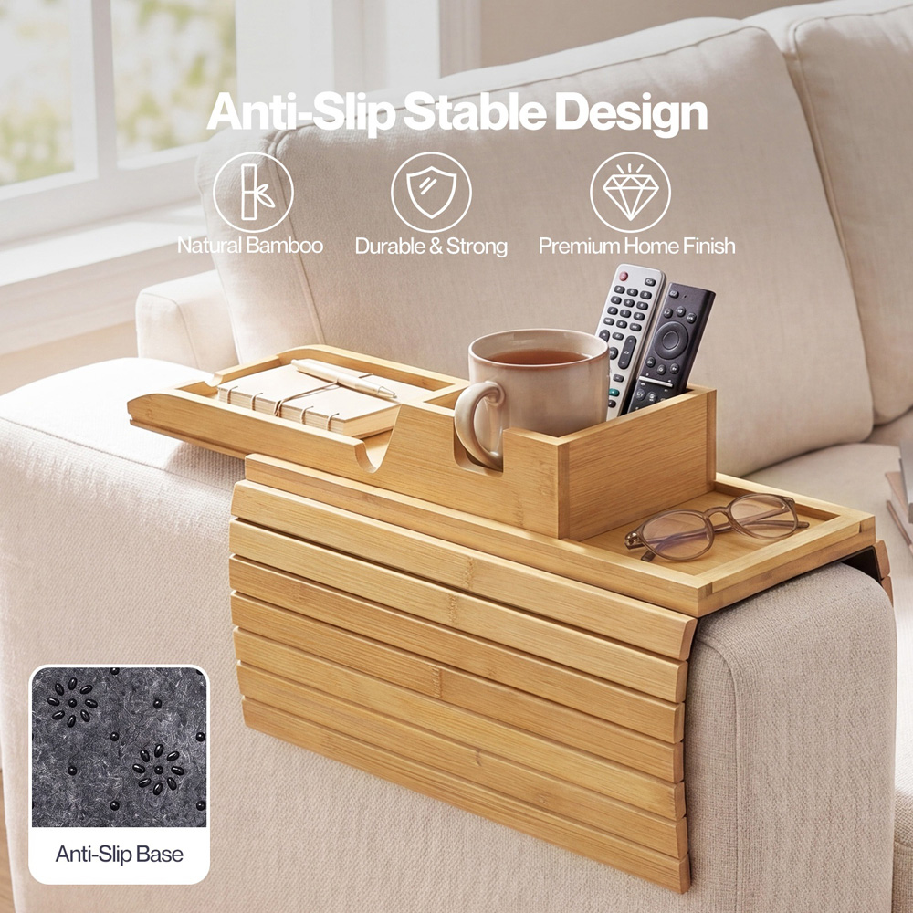 Levede Bamboo Sofa Arm Tray Table with Mug Holder Image 7